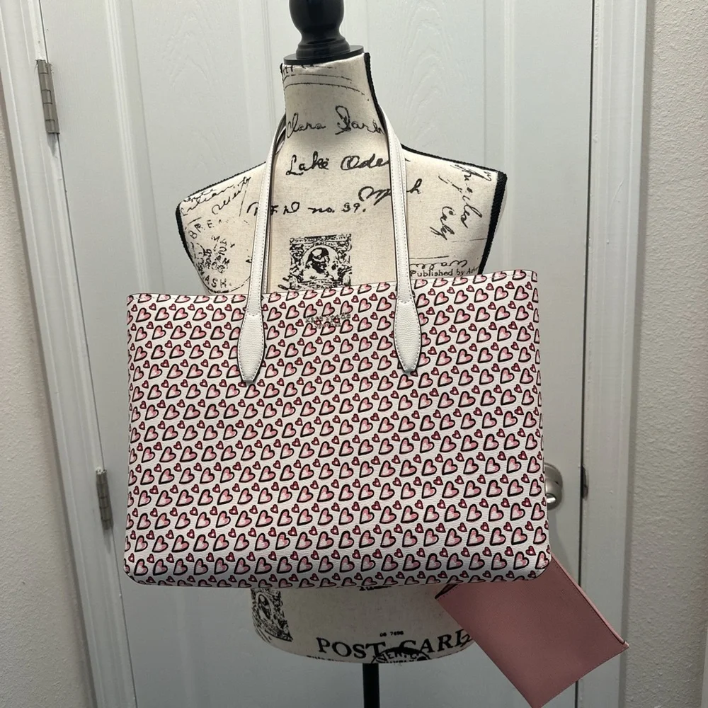 Kate Spade All Day Cream Multi Tote Bag with Fancy Hearts Pattern and Pink Pouch
